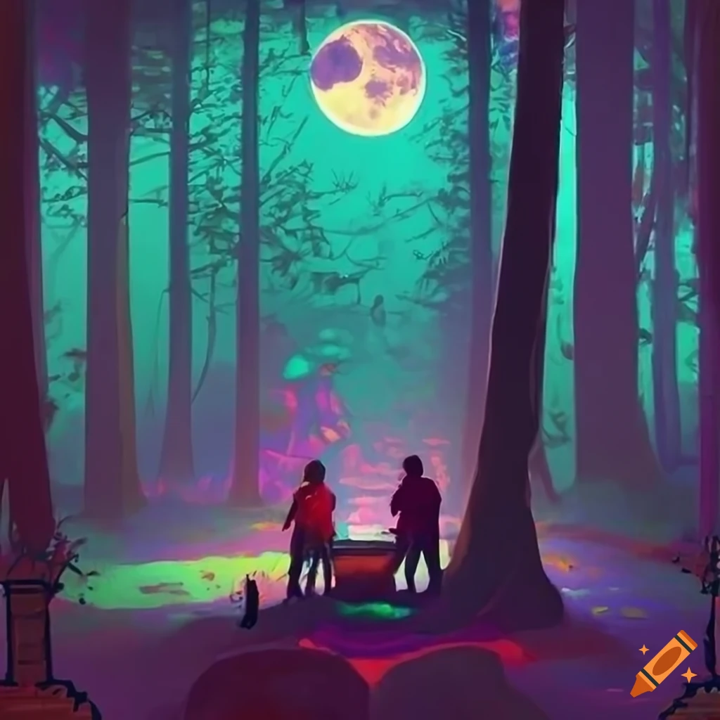 acrylic-painting-of-people-playing-board-game-in-a-forest-at-night