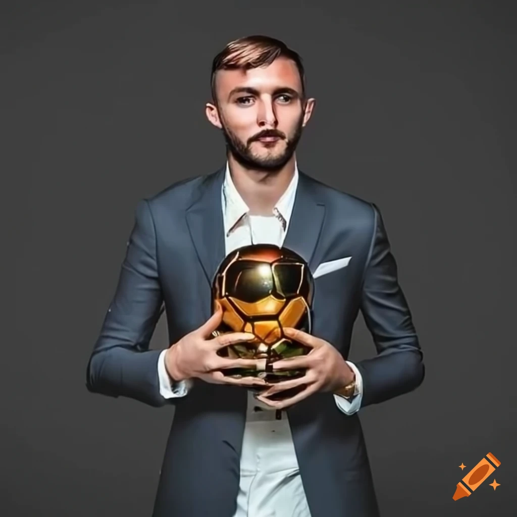 hyperrealistic portrayal of Bryan Cristante with Ballon d'or trophy