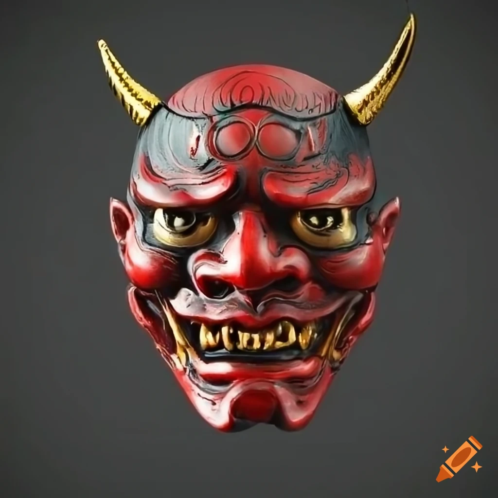 Red and black asian demon mask with gold ornamentation on Craiyon