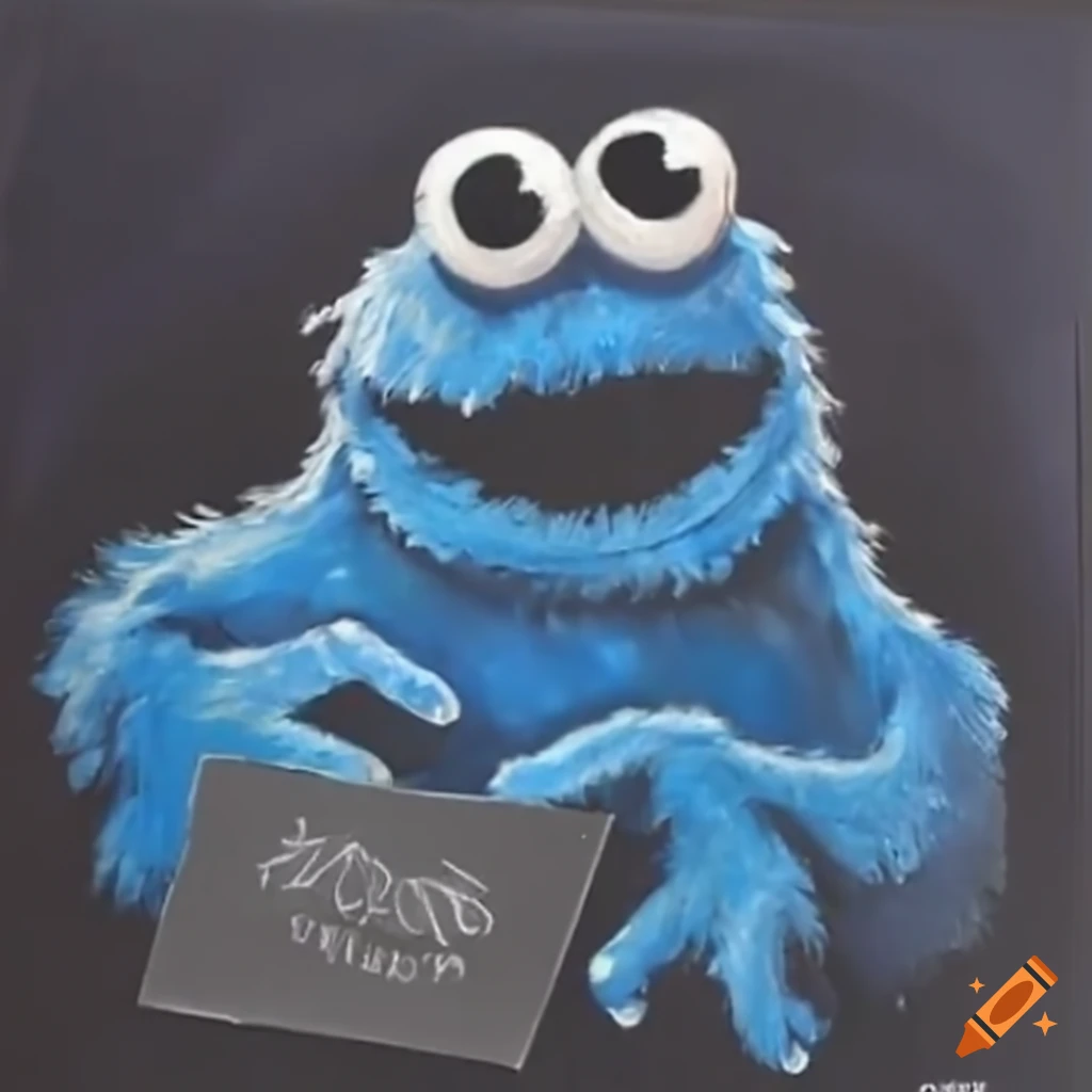 Cookie monster with silly googly eyes holding a sheet of paper