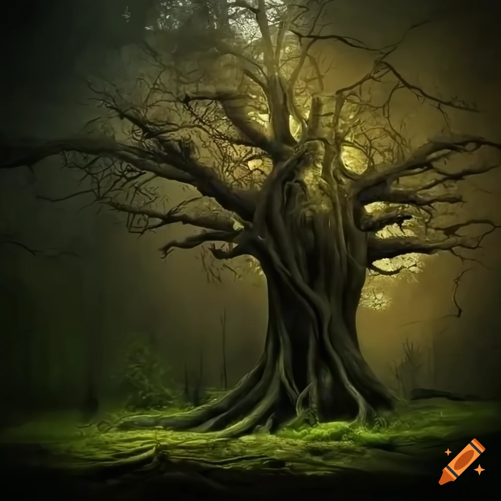 Photo realistic image of an ancient tree in a mystical forest on Craiyon