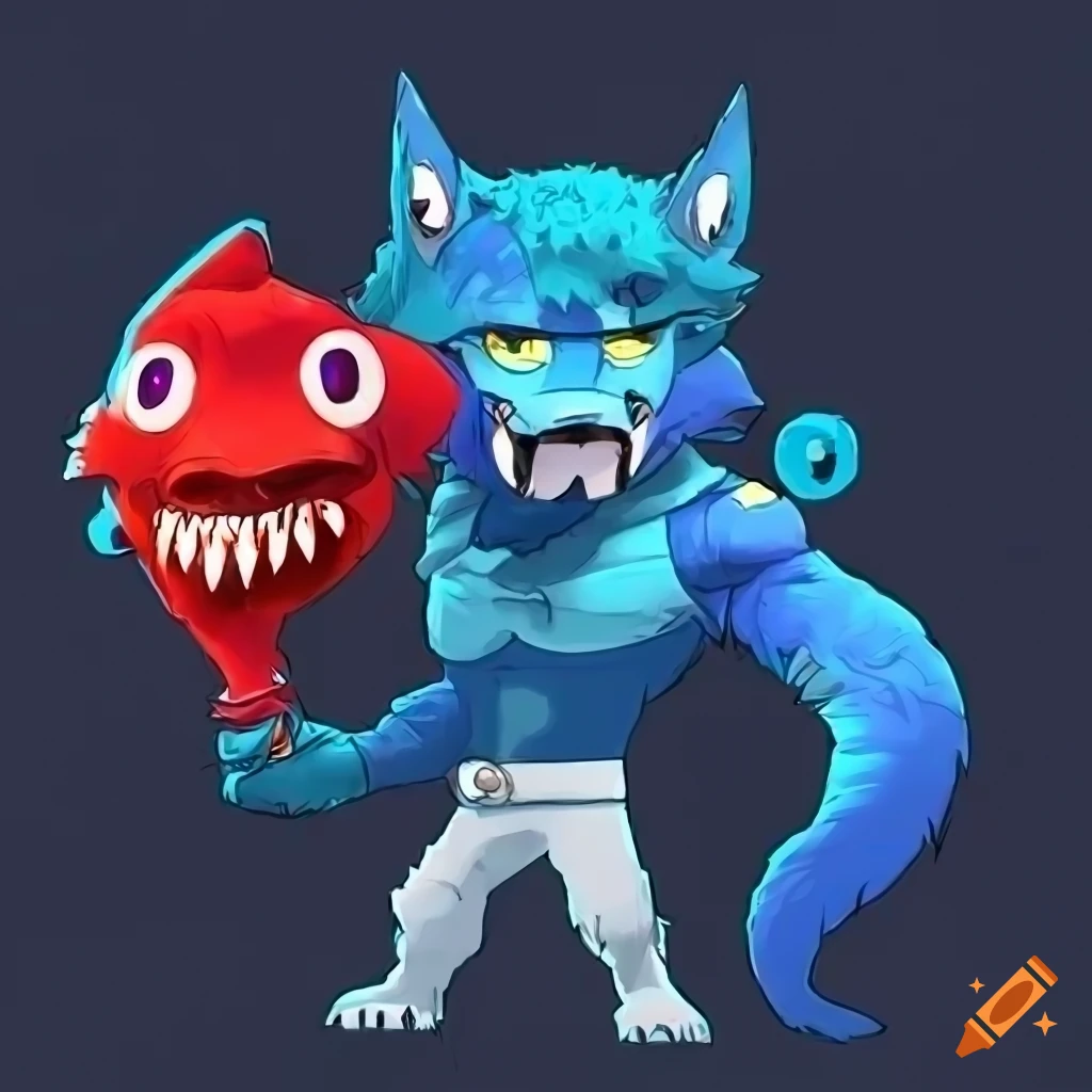 fantasy art of a blue wolf warrior with a red fish gun