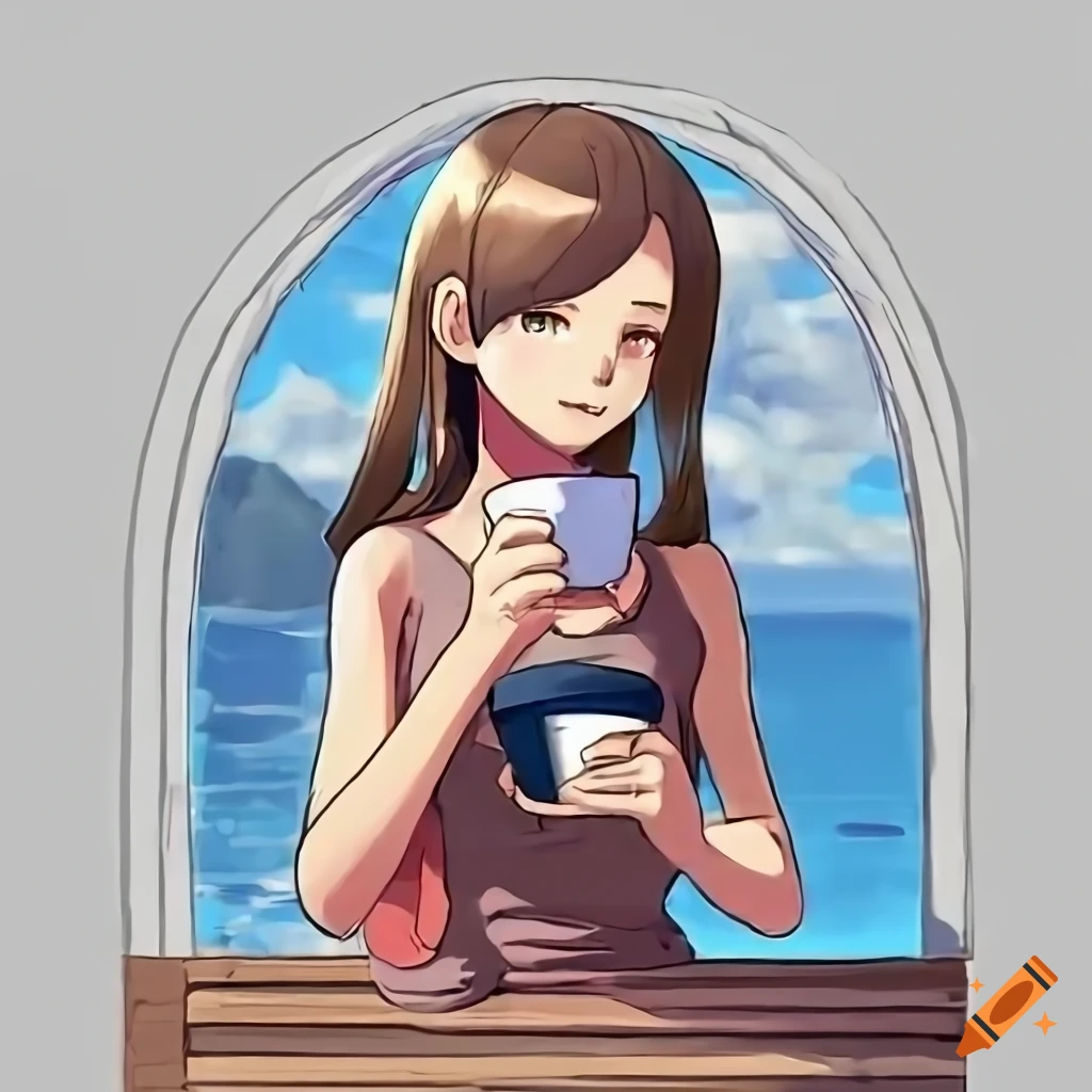 Pokémon official art of a woman enjoying coffee on a balcony