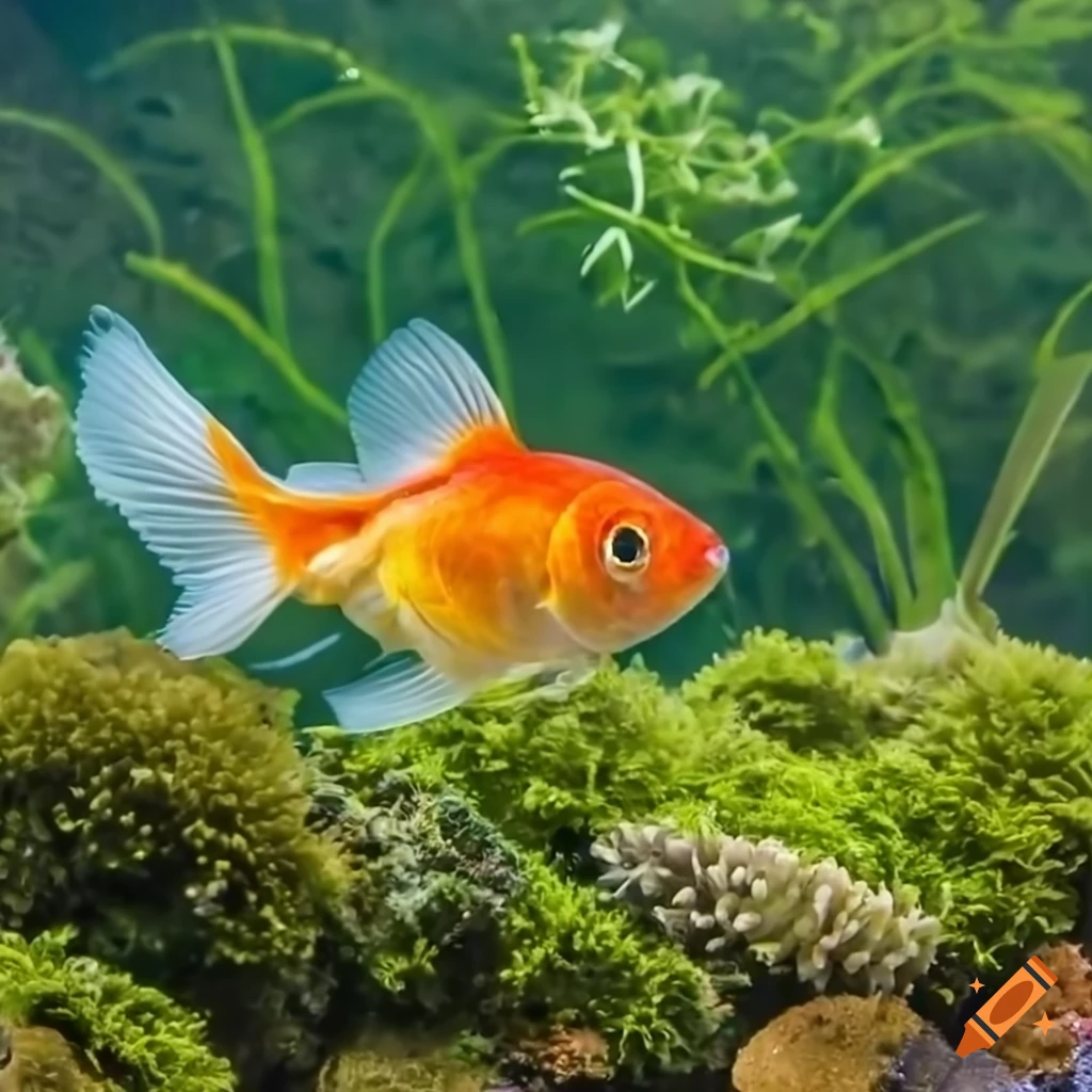 underwater photography of a goldfish in a mossy environment
