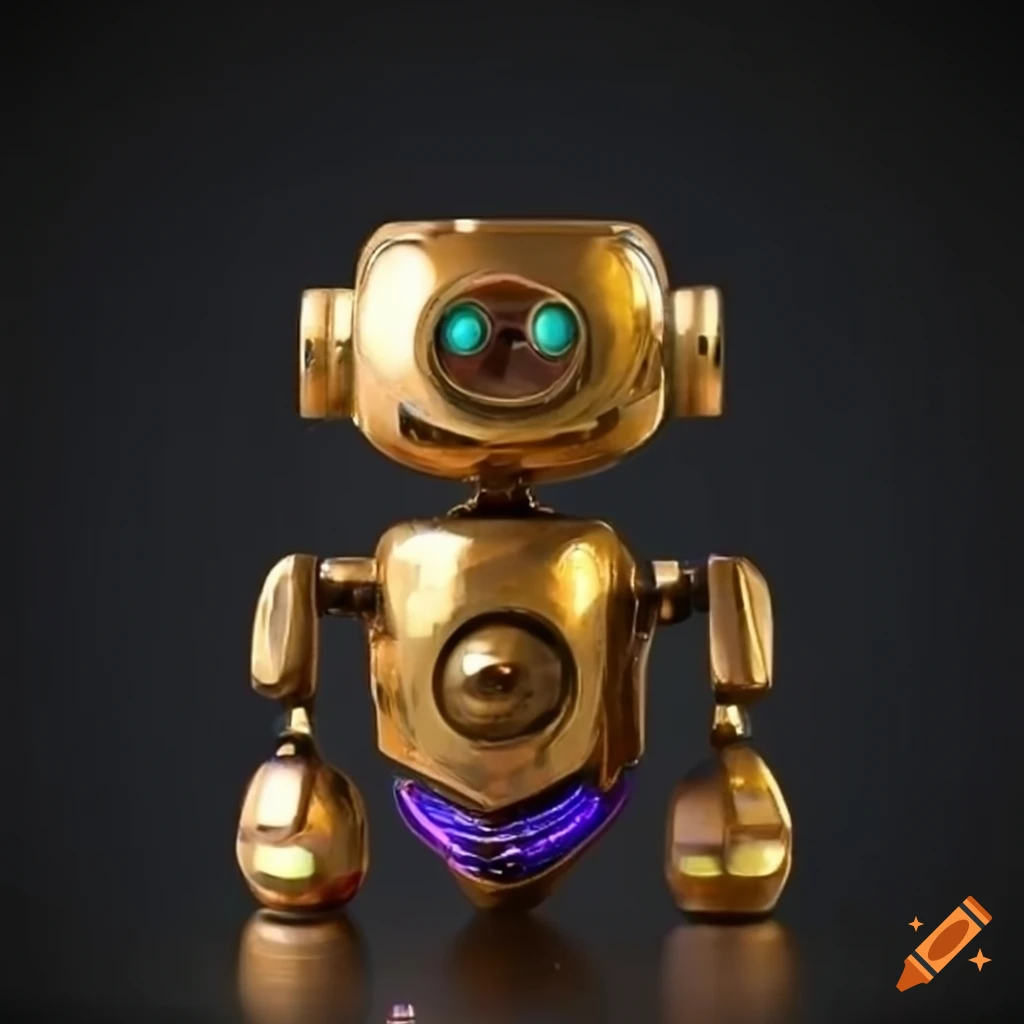 brass robot with a rainbow jewel in its chest