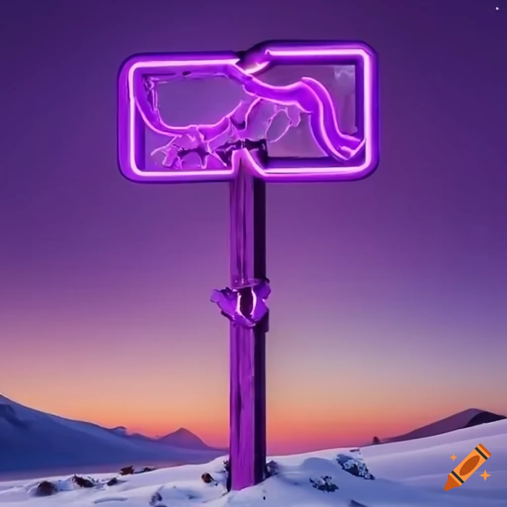 purple neon sign on a snowy desert