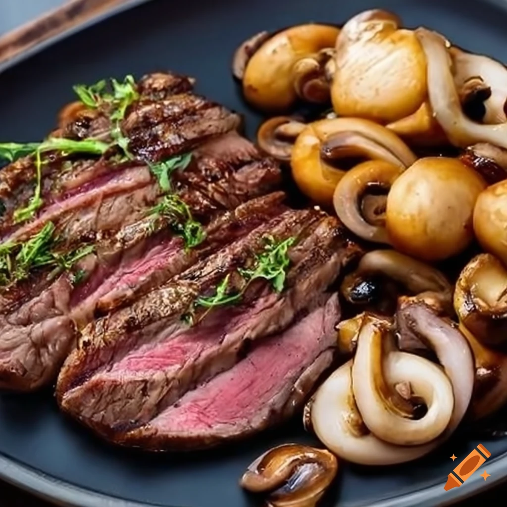 delicious grilled steak with sauteed mushrooms and onions