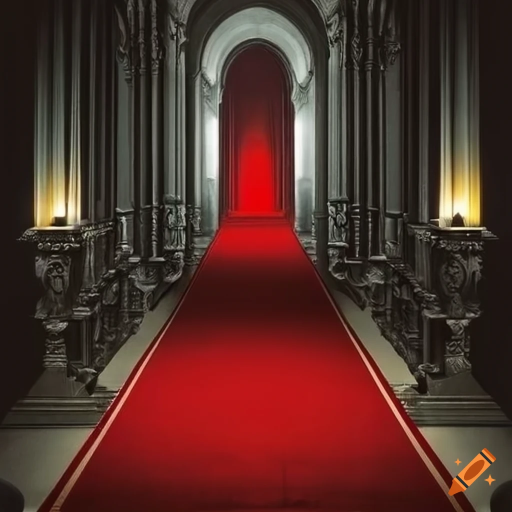 Red carpet hallway with white pillars