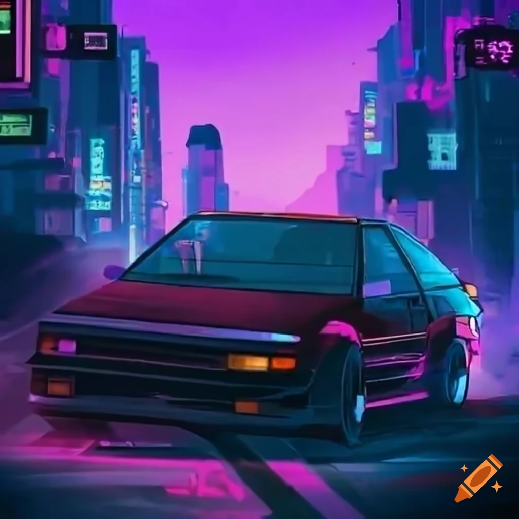Ae86 drifting in japanese mountain with cyberpunk city on Craiyon