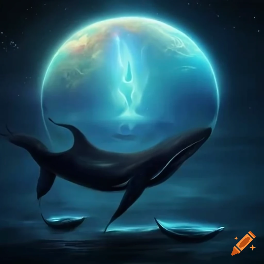 blue-ocean circle with a flame and a serene whale