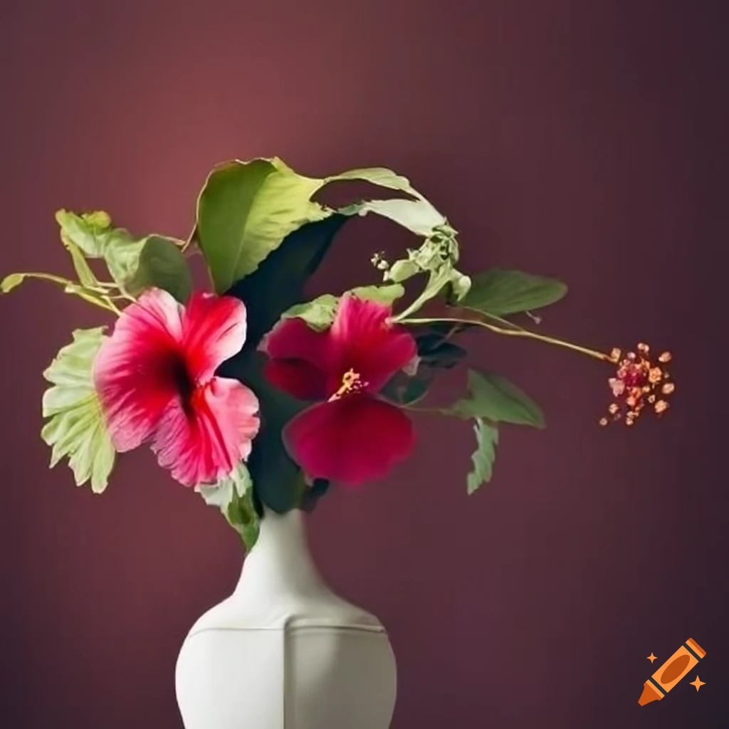 vase with hibiscus and bouganvilleas flowers