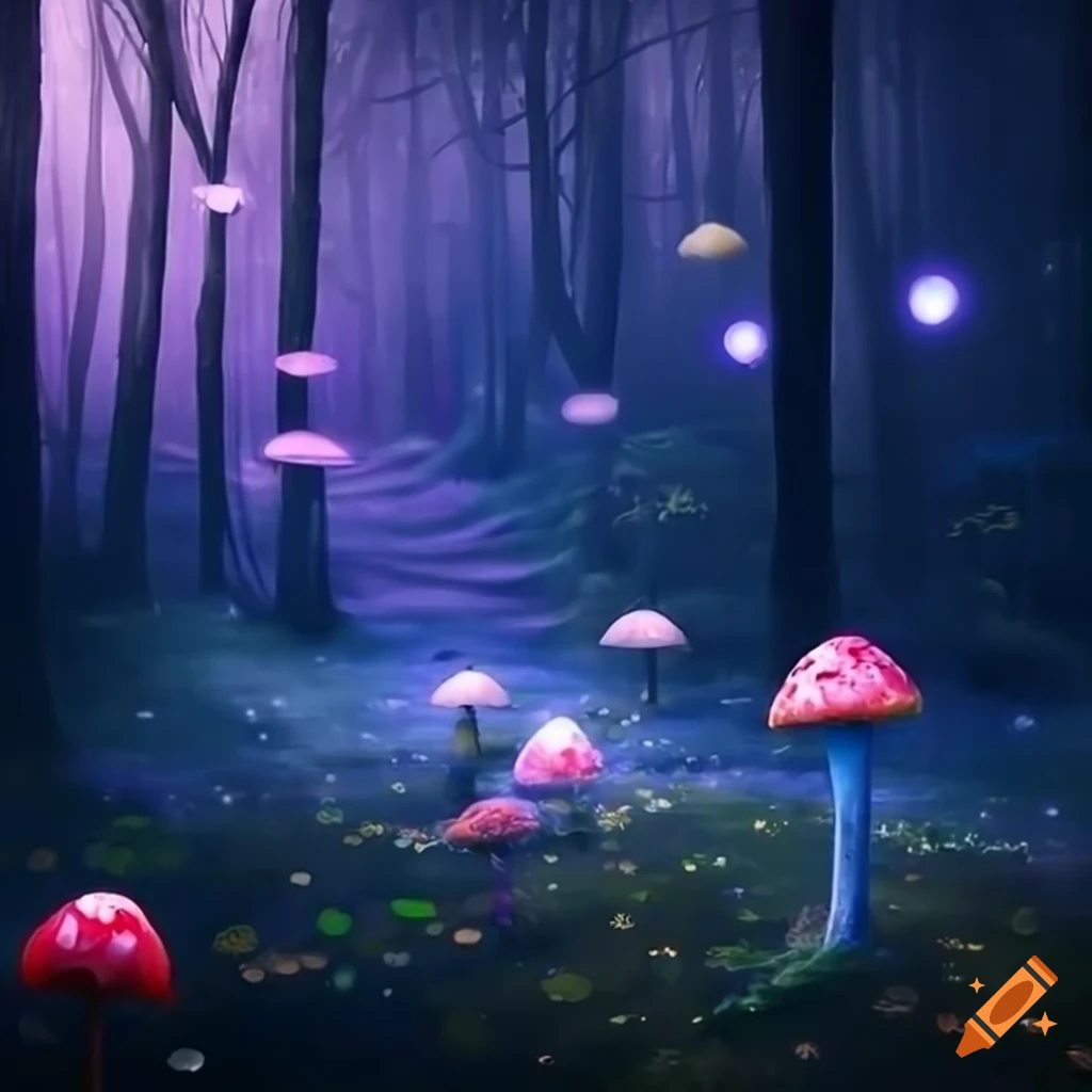 Photo realistic depiction of a magical forest with glowing mushrooms and  fairies on Craiyon