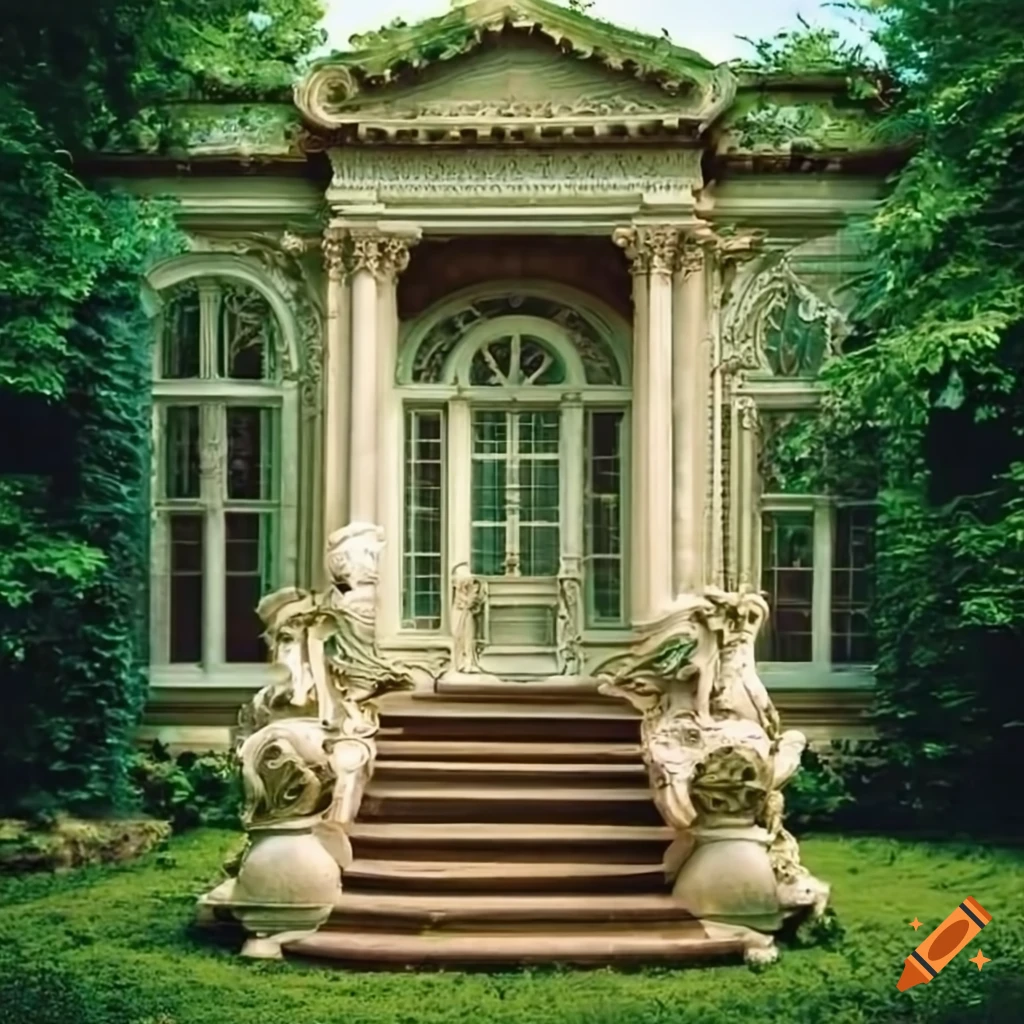 Rococo stucco entrance in a garden with a pond on Craiyon