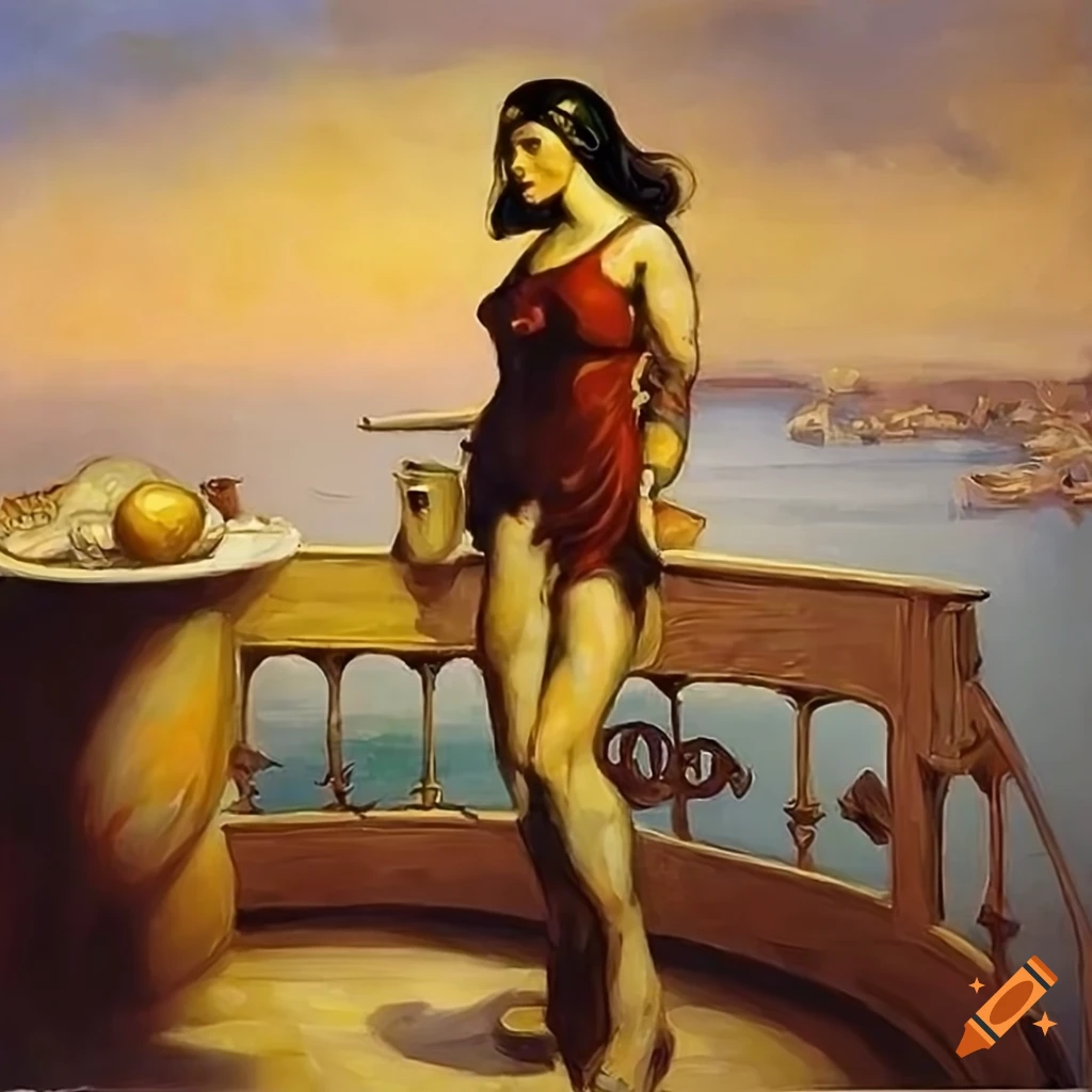 fantasy artwork of a lady enjoying coffee on a balcony with a view