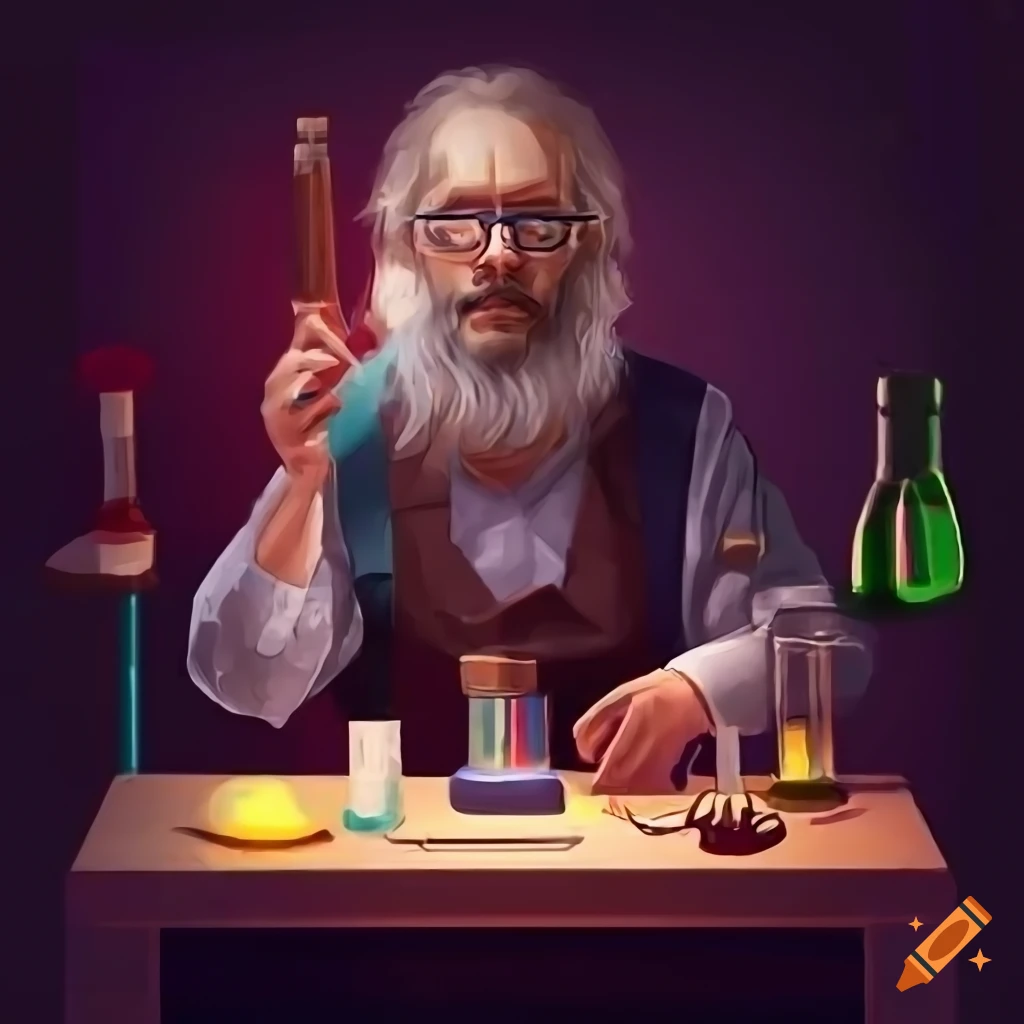 digital art of an alchemist working in the lab