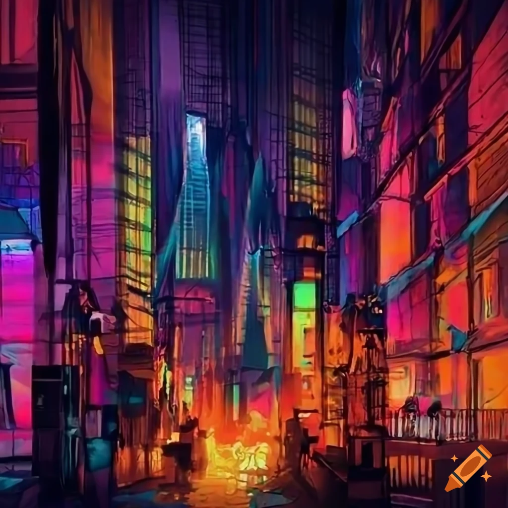 acrylic painting of a cityscape at night