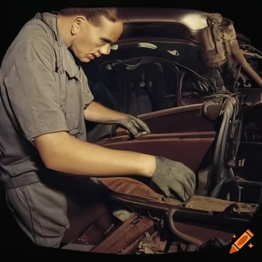Vintage photo of auto mechanic replacing engine in a repair shop on Craiyon