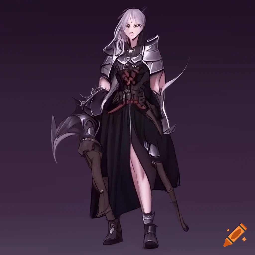 anime art of a female goth paladin in action