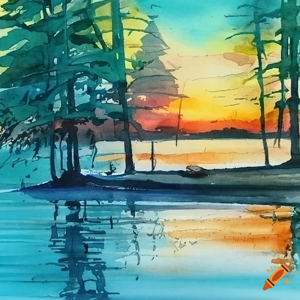 watercolor painting of a lake house