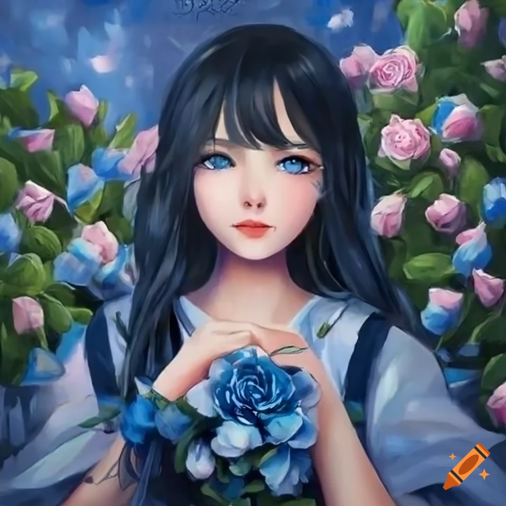 anime girl with blue roses in a cottagecore aesthetic