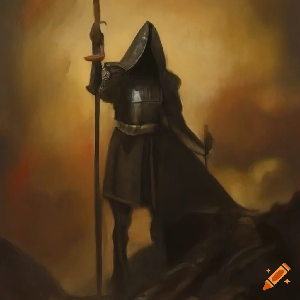 Fantasy illustration of a hooded knight in the mountains