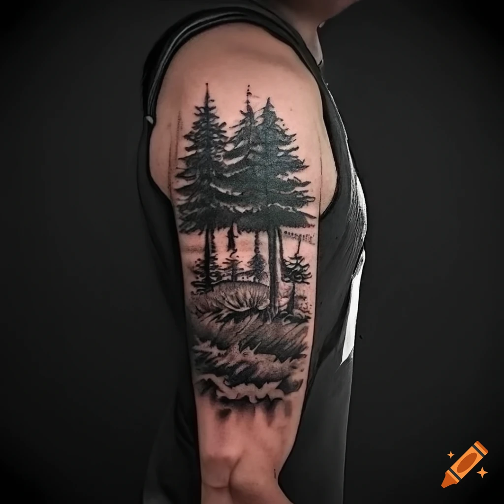 Dotwork tattoo of a forest silhouette on Craiyon