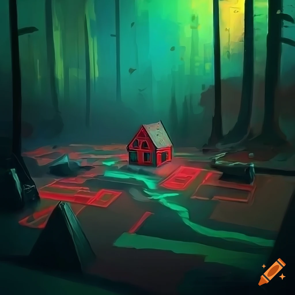 acrylic painting of a red house piece in a forest