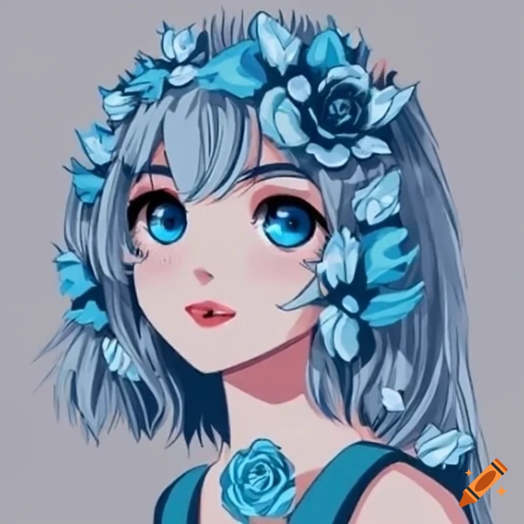 anime girl surrounded by blue roses