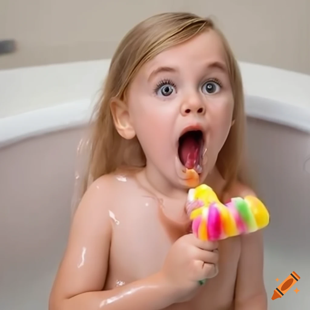 blonde toddler girl eating a popsicle during bath time