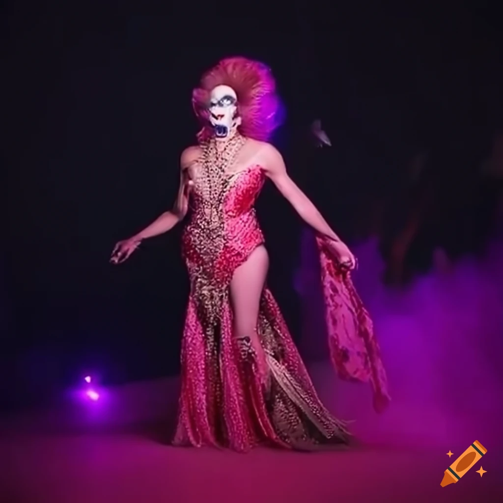 fierce Drag Queen in a haunted-themed runway costume