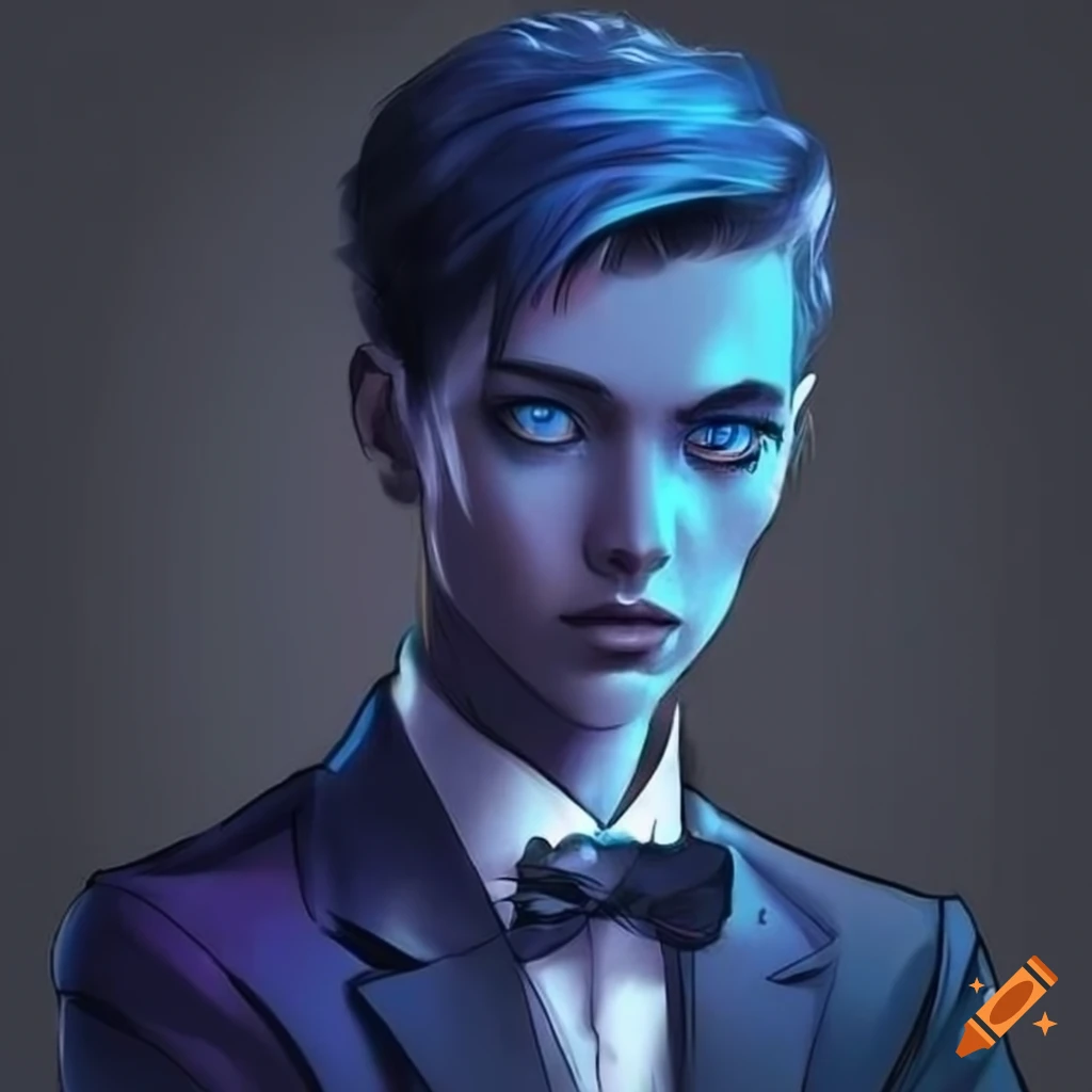 person in black and blue formalwear with glowing blue eyes