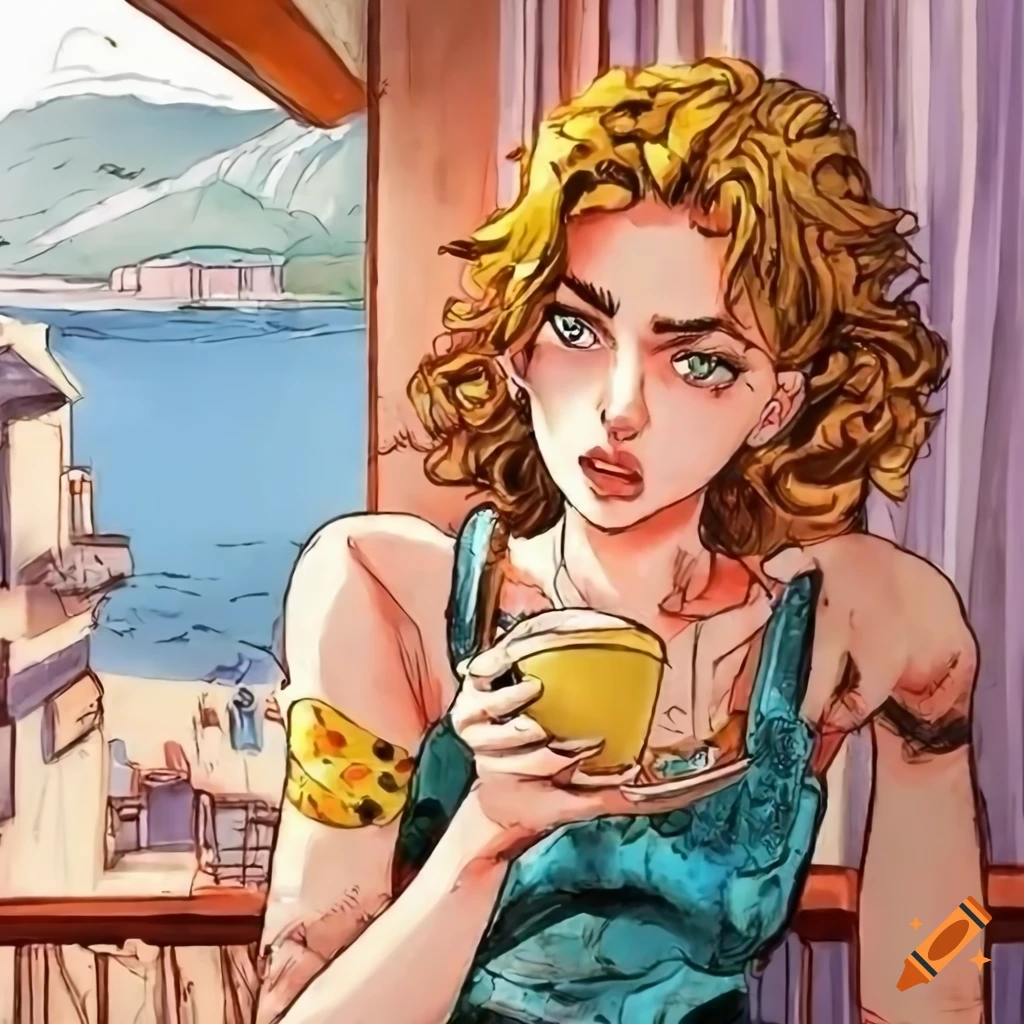 manga art of a young lady enjoying coffee on a balcony