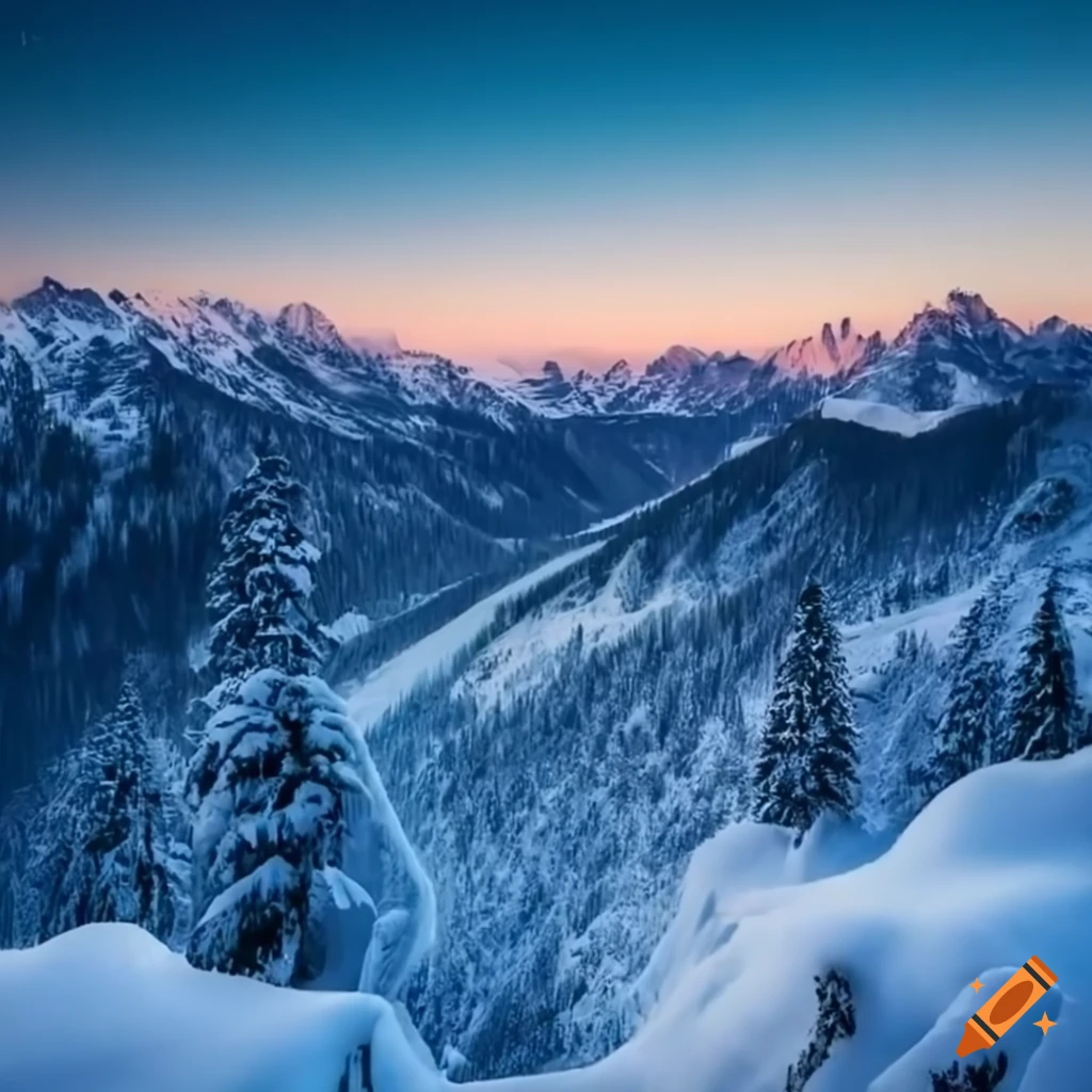 view from the tallest mountain in a fantasy winter land