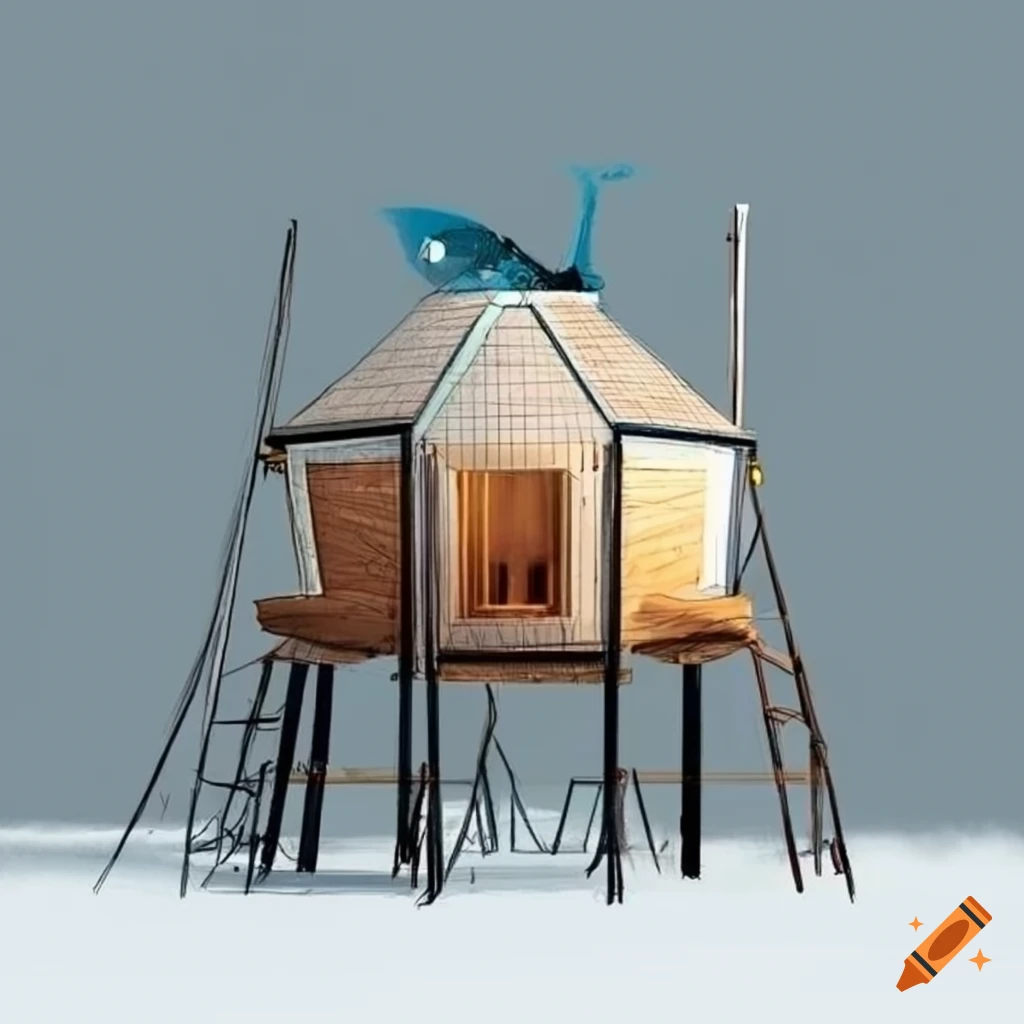 technical drawing of a unique living pod with landing stilts