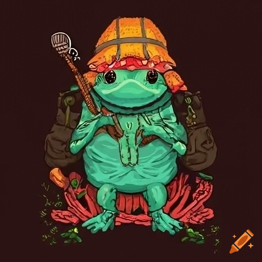 Nordic folklore frog with backpack going on an adventure
