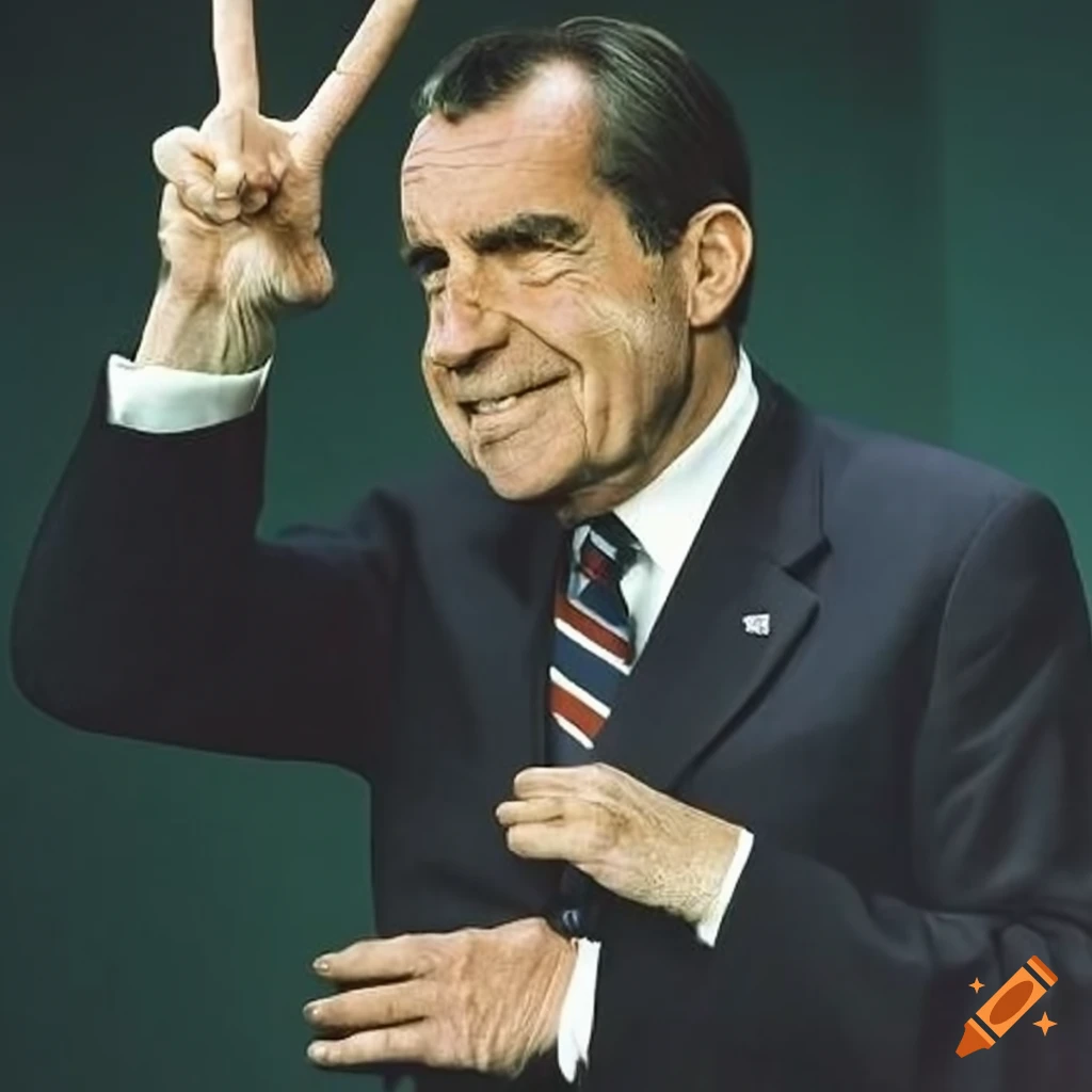 Surreal artwork depicting richard nixon with horns making peace sign on ...