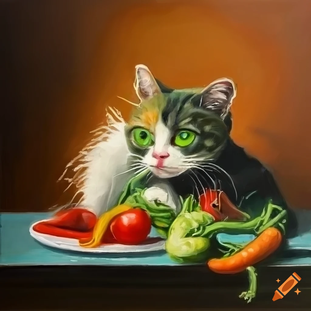 Oil painting of a cat with vegetables on Craiyon