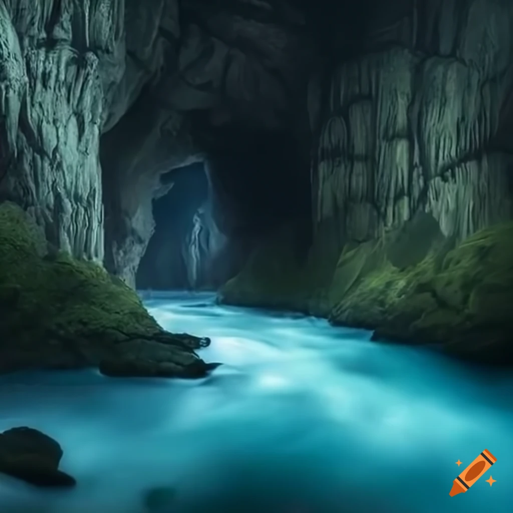 image of a mysterious underground cave with a river