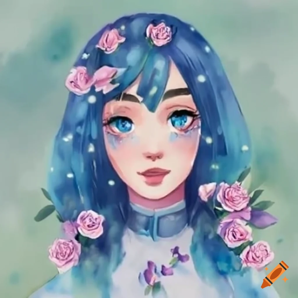 anime girl surrounded by blue roses