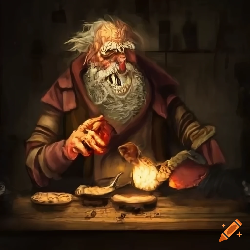 fantasy illustration of a bard playing to skeletons in a tavern