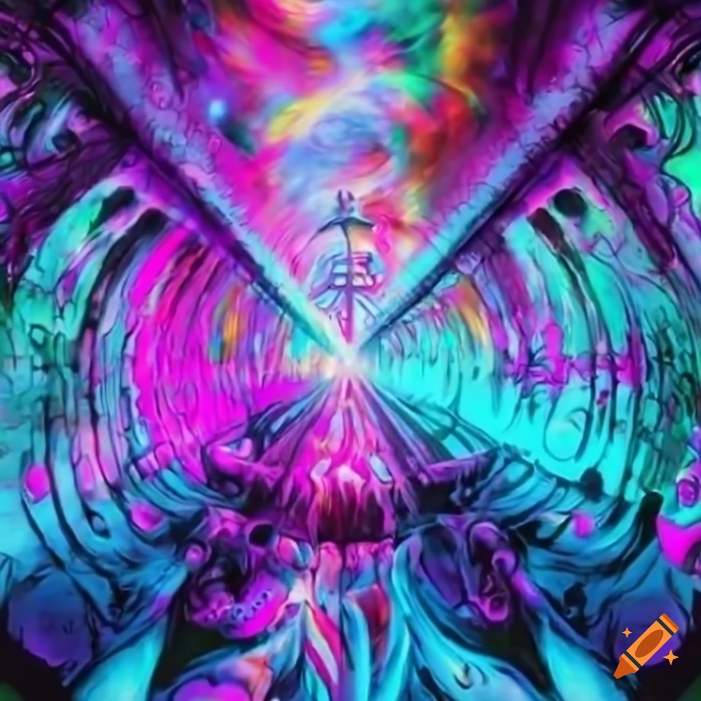 Psychedelic artwork of palm trees and cosmic trails