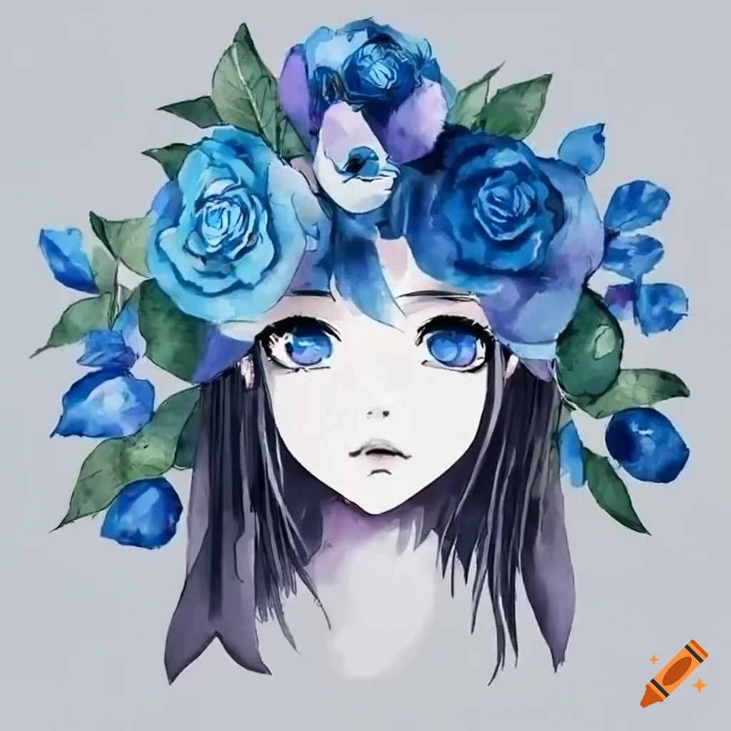 anime girl surrounded by blue roses