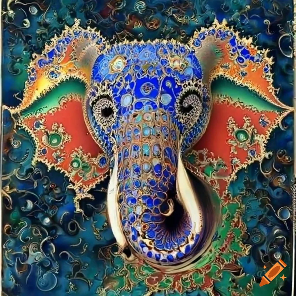 cloisonne painting of a mandelbrot elephant