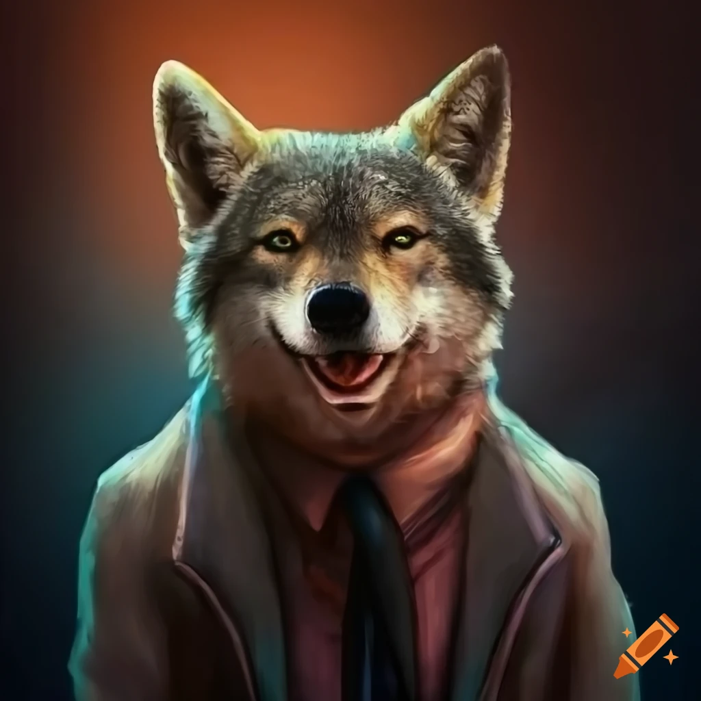 humorous artwork of a wolf in gentleman dress at a bus stand