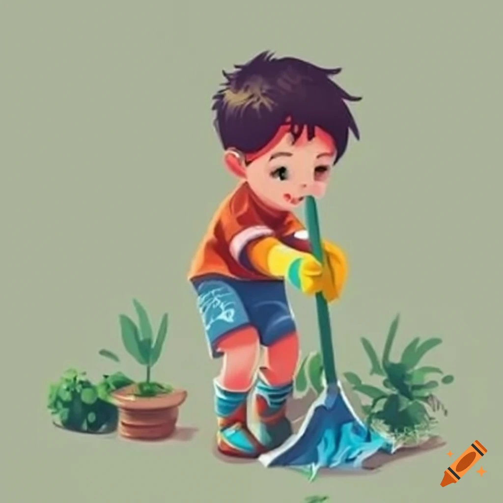 boy cleaning garden
