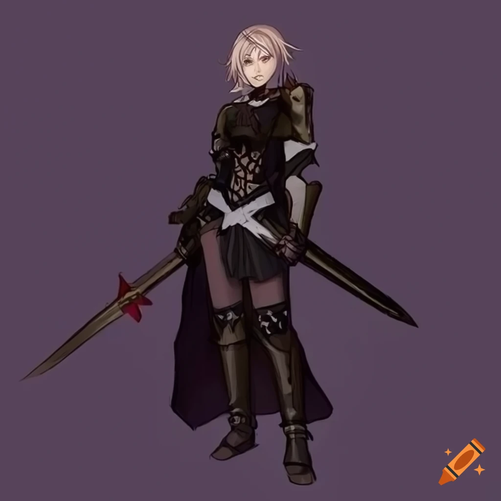 anime art of a female goth paladin in action pose