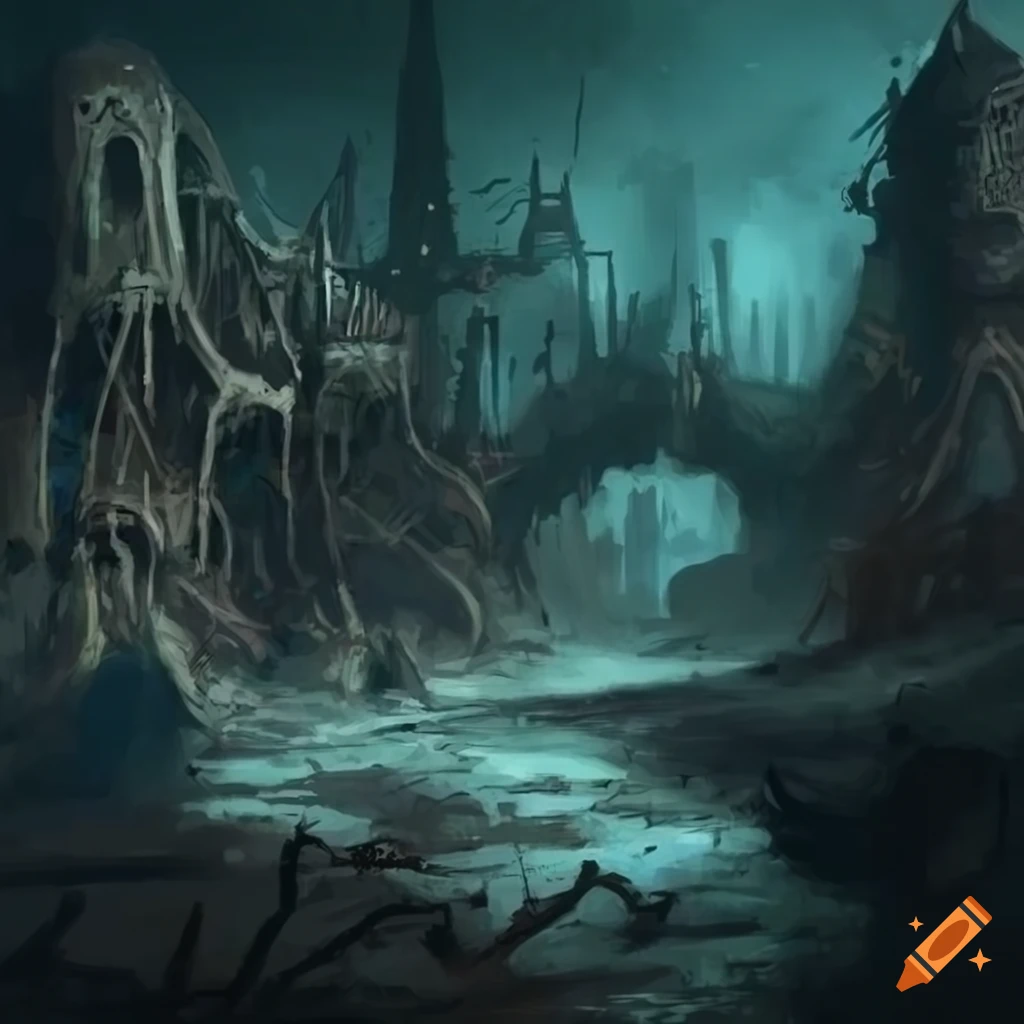 Fantasy concept art of an abandoned illithid city in the underdark