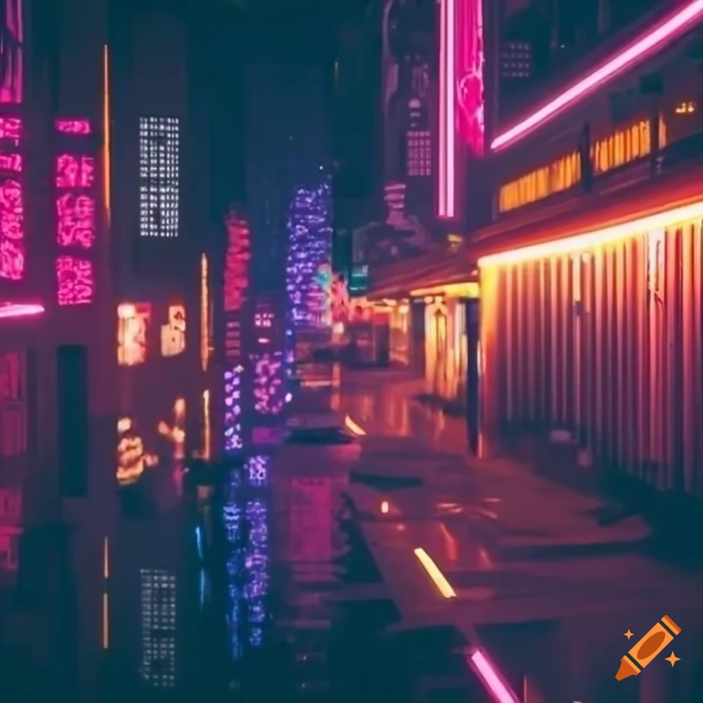 bright neon lights in a distant city at night