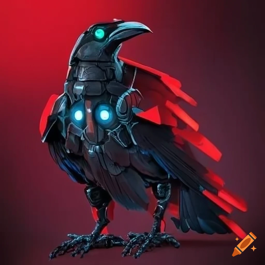 sinister robotic raven with glowing red eyes