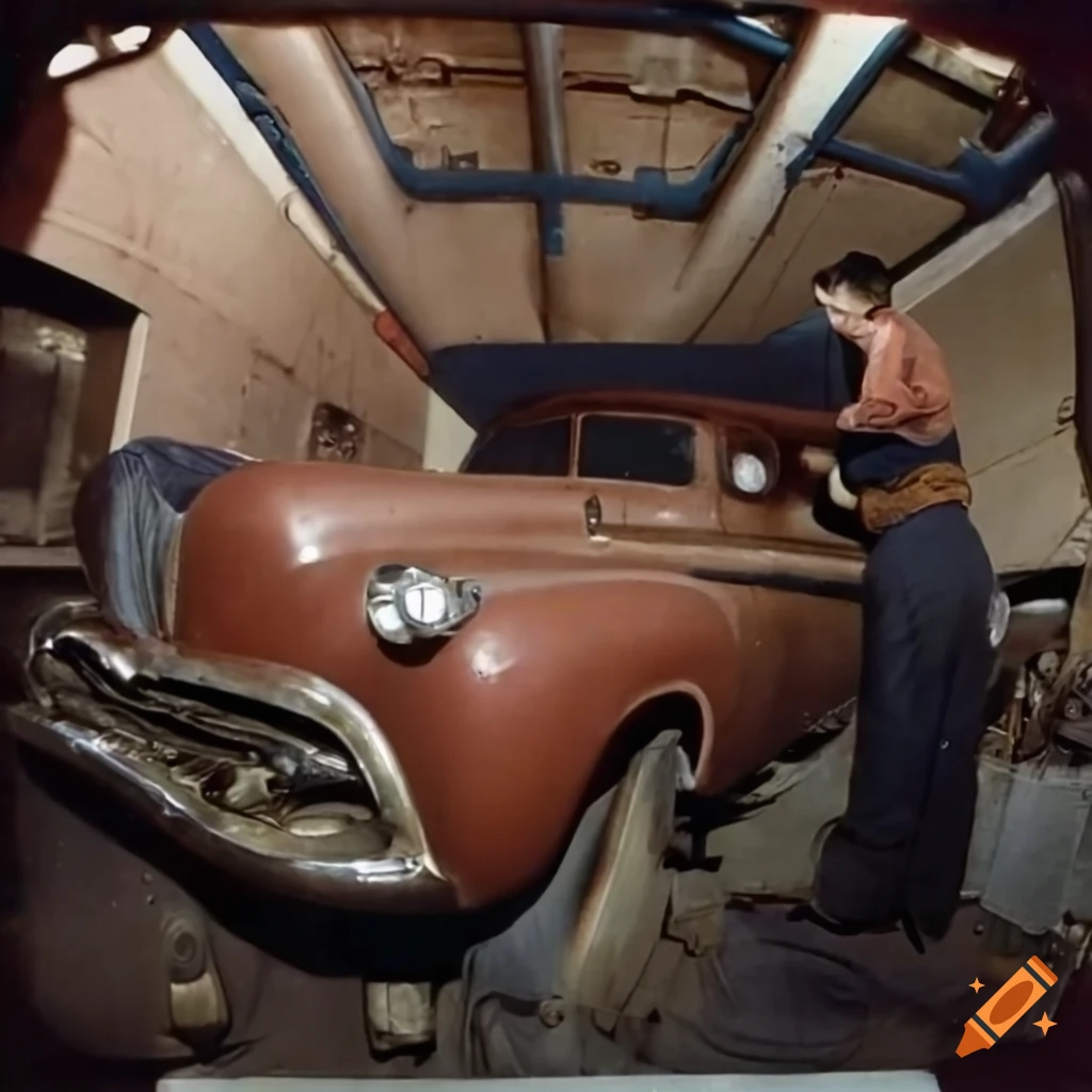 vintage photo of an auto mechanic repairing a car engine